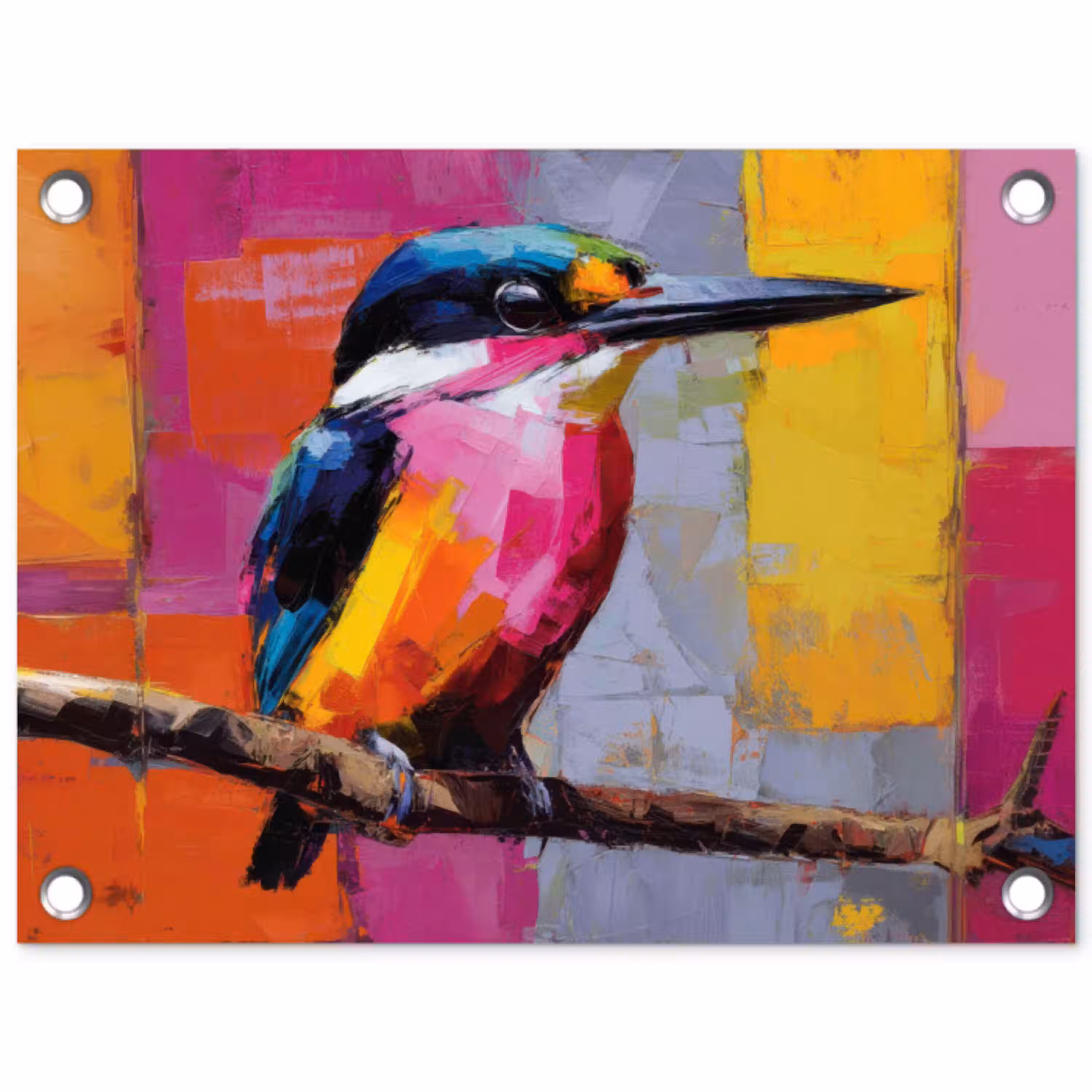 Roze - Ijsvogel - Tak - Kleurvlakken tuinposter los doek klein -3d