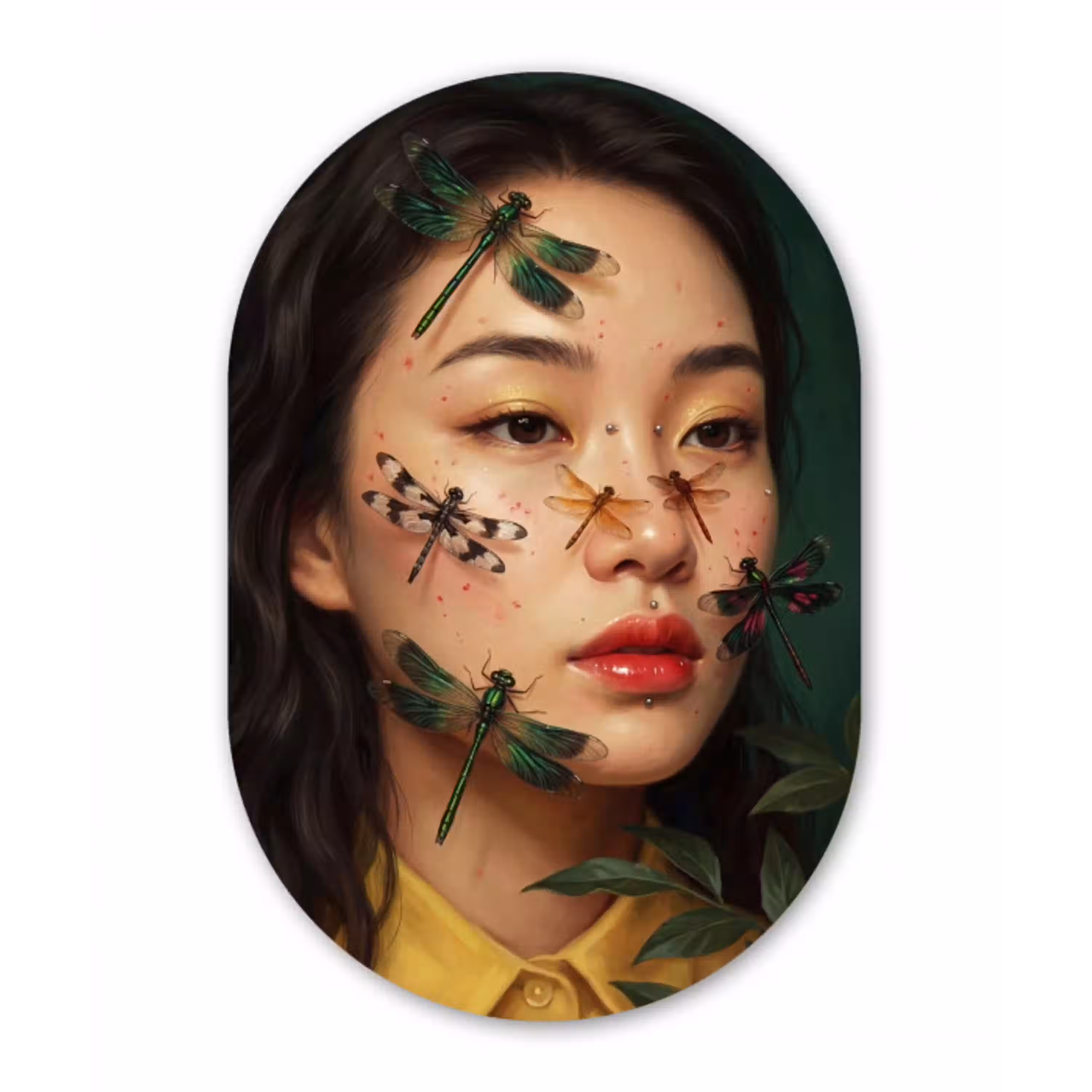 Vrouw - Insecten - Natuur - Portret - Groen Wandcirkel Ovaal Aluminium middel -3d
