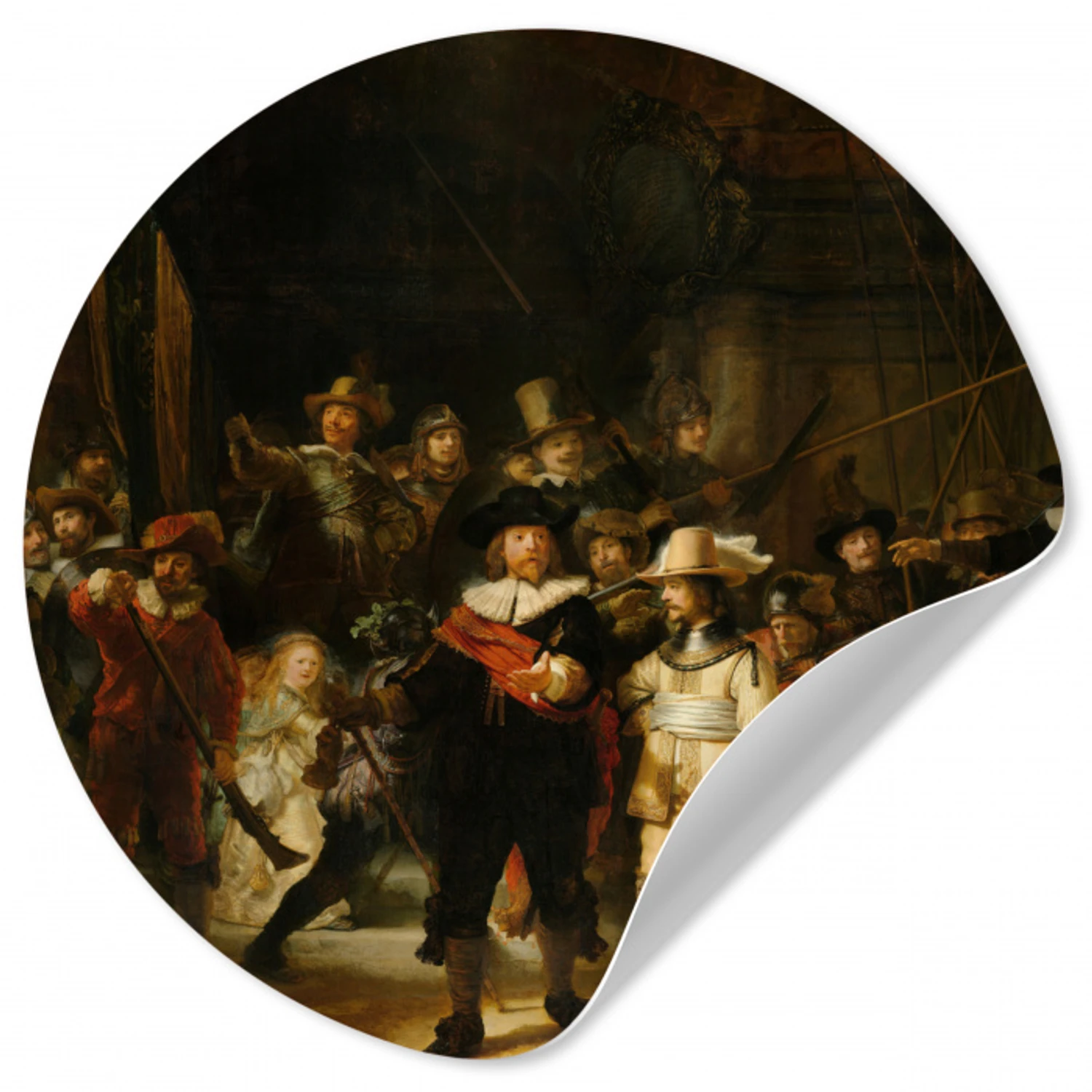 De Nachtwacht - Schilderij van Rembrandt van Rijn Wandcirkel behangsticker klein -3d
