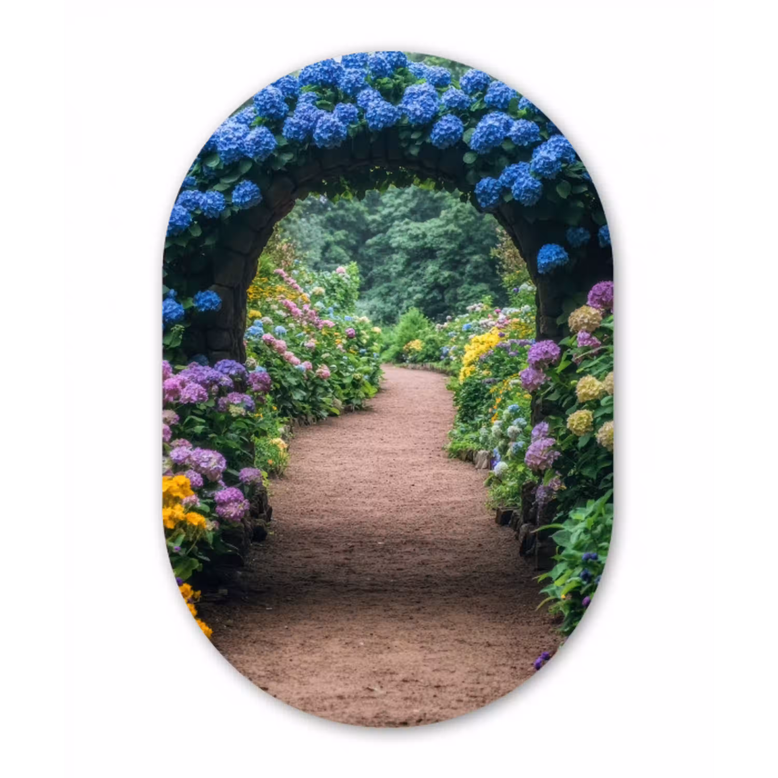 Doorkijk - Bloemen - Hortensia - Pad Wandcirkel Ovaal Glas middel -3d