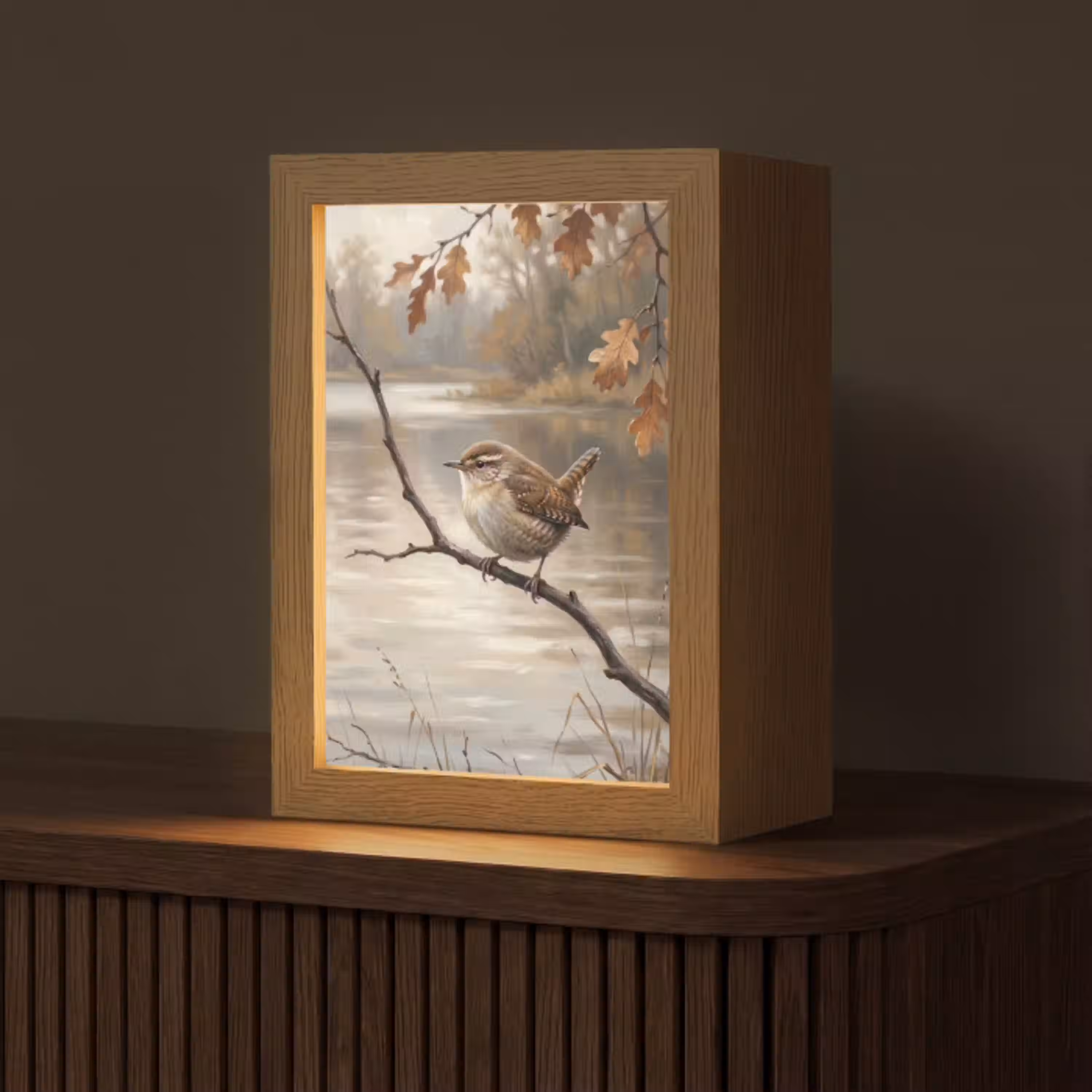 Winterkoninkje - Tak - Rivier - Natuur - Sfeervol Light Box met kabel (Tafellamp) klein -z3d_website