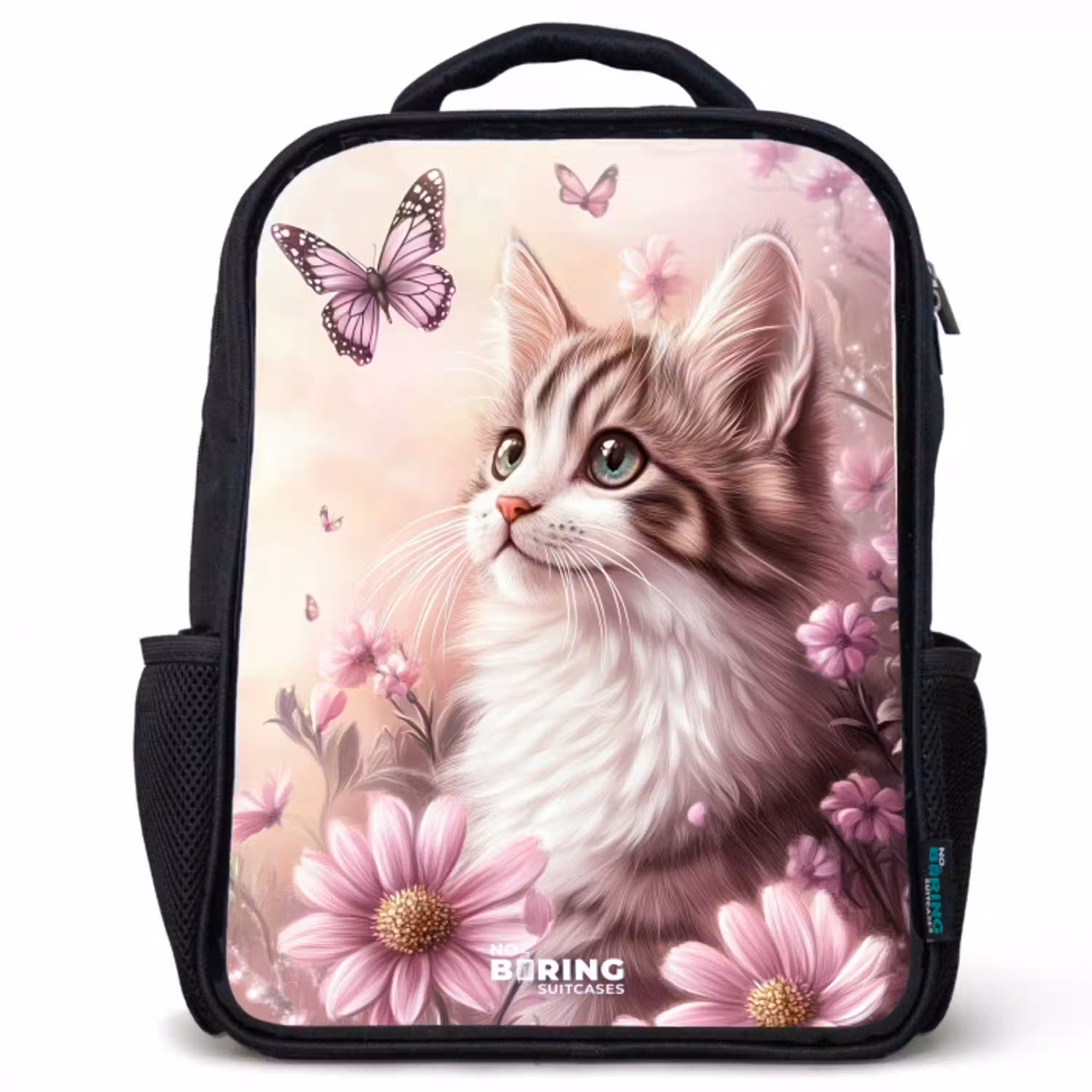 Kat - Paars - Vlinders - Bloemen Rugzak - Zwart middel -3d