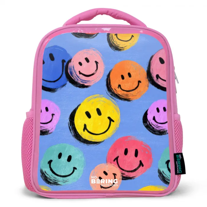 Een speels en kunstzinnig patroon van kleurrijke smileys Kinderrugzak - Roze middel -3d