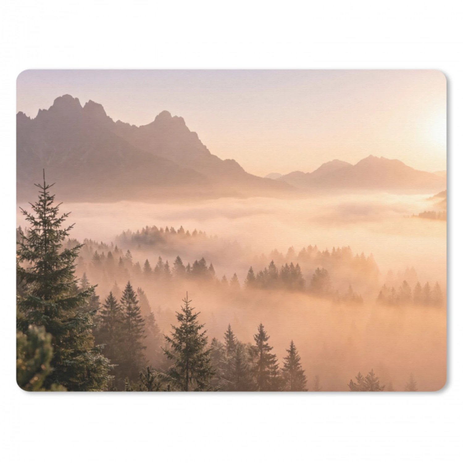 Zonlicht - Mist - Bergen - Bomen muismat rubber klein -3d