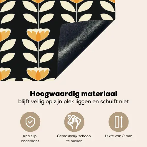 Retro - Bloem - Zwart - Okergeel Inductie beschemer met haakjes klein 777 -ky-onderkant-nl