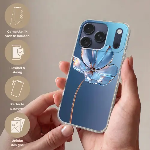 Blauw - Bloem - Glazen - Sierlijk Telefoonhoesje iPhone 17 Pro klein -sfeer3_NL