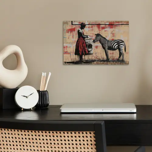 Street art - Zebra - Vrouw - Dieren - Graffiti - Banksy poster papier klein -sfeer1