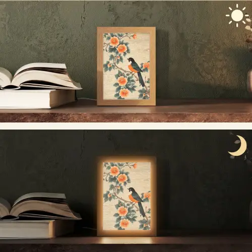 Vogel - Tak - Bloemen - Oranje Light Box met kabel (Tafellamp) klein -sfeer3