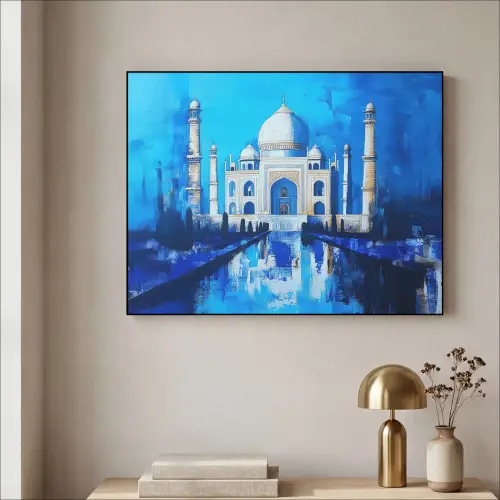 Taj Mahal - Ramadan - Blauw - Islamitische Textielframe zwart klein -sfeer2