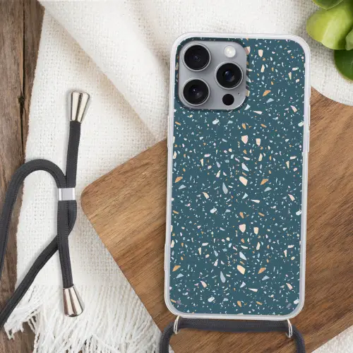 Terrazzo -  Patroon - Kleurrijk - Diep blauw Hoesje iPhone 16 Pro Max met koord klein 804 -sfeer4