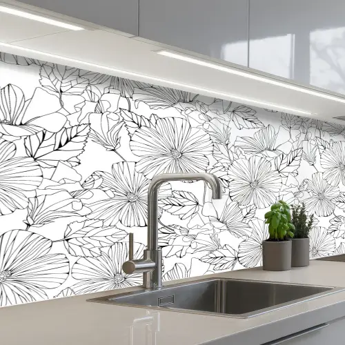 Bloemen - Zwart - Wit - Design - Flora keuken achterwand 2 middel 871 -3d_schuin