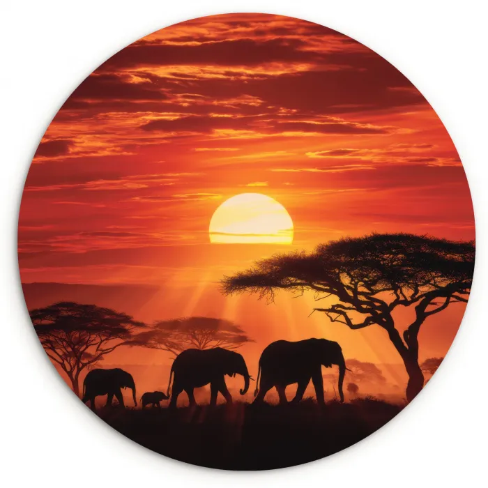 Savanne - Olifanten - Zonsondergang Wandcirkel plexiglas klein -3d