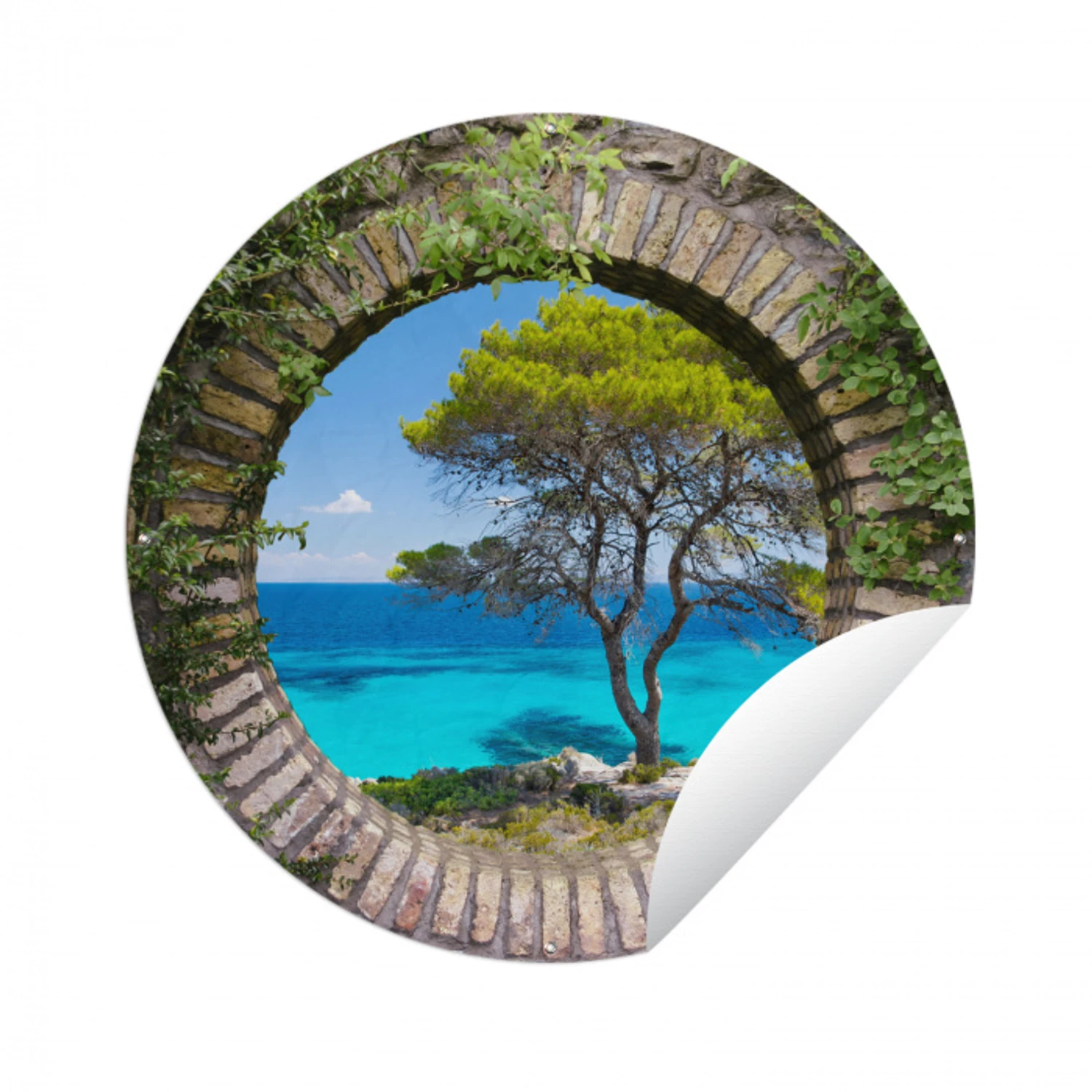Zee - Boom - Tropisch - Doorkijk Wandcirkel tuinposter met ringen klein -3d