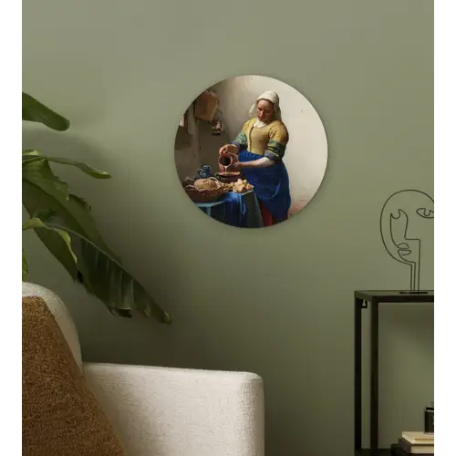 Het melkmeisje - Schilderij van Johannes Vermeer Wandcirkel kunststof plaat 5mm dik klein -sfeer3