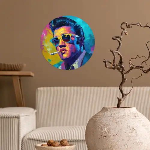 Portret - Sigaret - Kleurrijk - Bril Wandcirkel behangsticker klein -sfeer1