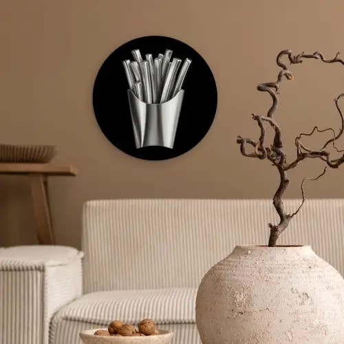 Frietjes - Futuristisch - Zilver Wandcirkel kunststof plaat 5mm dik klein -sfeer1