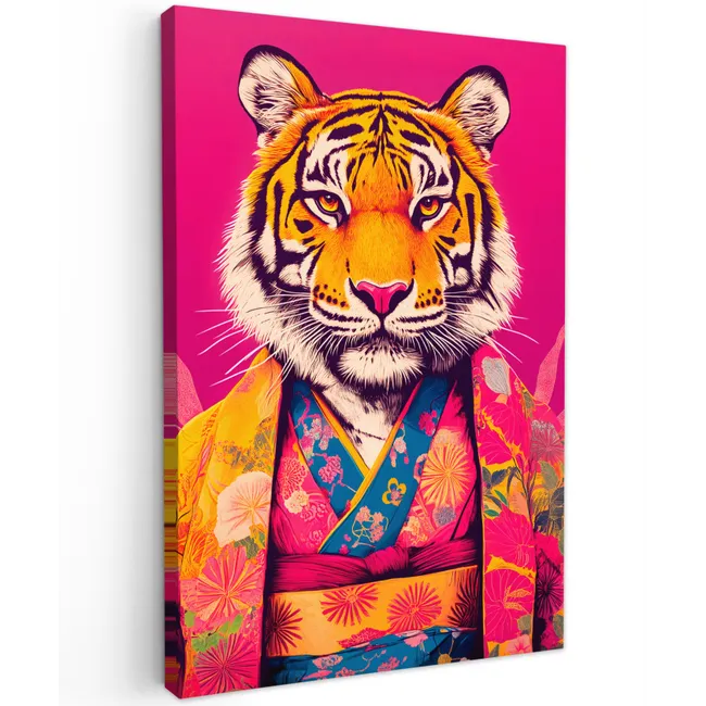 Tijger - Kimono - Planten - Roze Tuinposter op houten frame 2 cm dik klein -3d