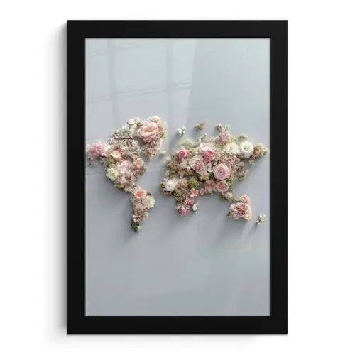 Wereldkaart - Rozen - Roze fotolijst zwart zonder passe partout klein -3d