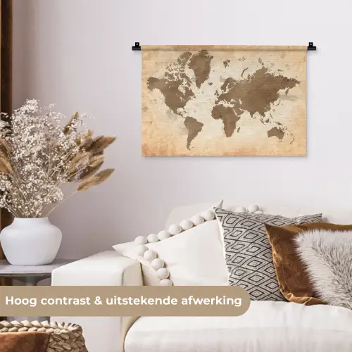 Wereldkaart - Beige - Bruin Wandkleed katoen klein -sfeer1