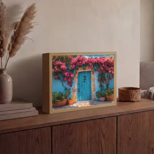Deur - Hout - Bloemen - Blauw Light Box met batterij (Wandlamp) middel -sfeer2