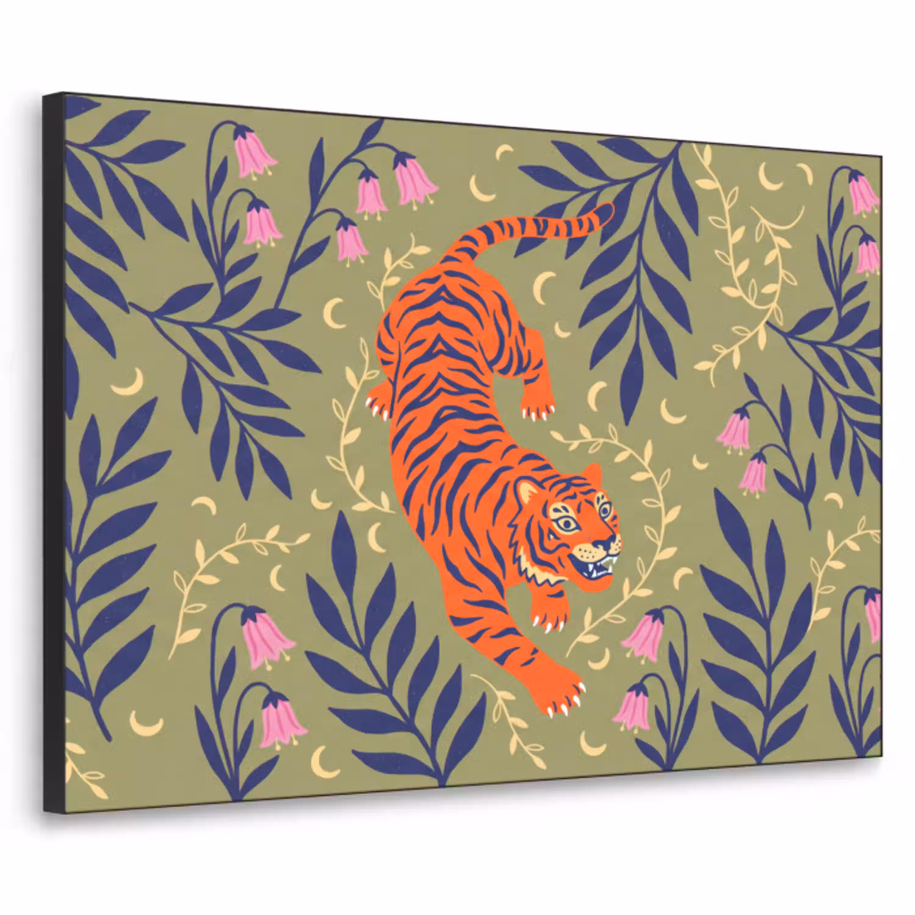 Tijger - Bladeren - Dieren - Illustratie - Oranje Textielframe zwart klein -3d