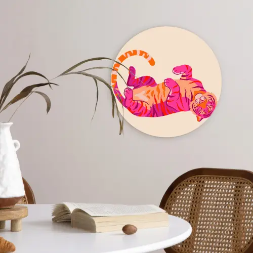 Tijger - Roze - Oranje Wandcirkel kunststof plaat 5mm dik klein -sfeer4