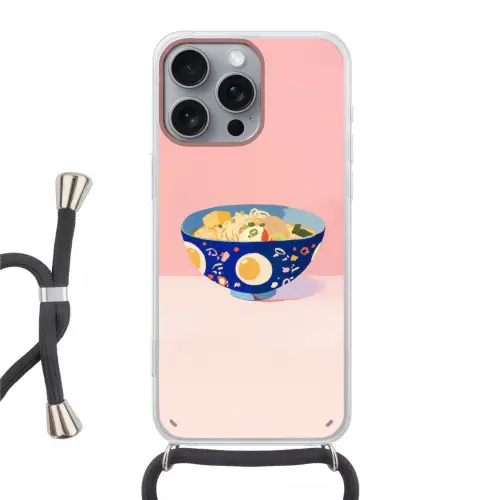 Noodles - Kom - Blauw - Illustratie Hoesje iPhone 16 Pro Max met koord klein -3d