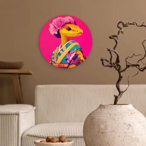 Hagedis - Bloemen - Roze - Kimono Wandcirkel kunststof plaat 5mm dik klein -sfeer1