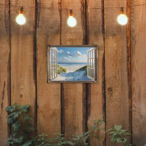Doorkijk - Strand - Raam - Duinen - Zee tuinposter los doek klein -sfeer1
