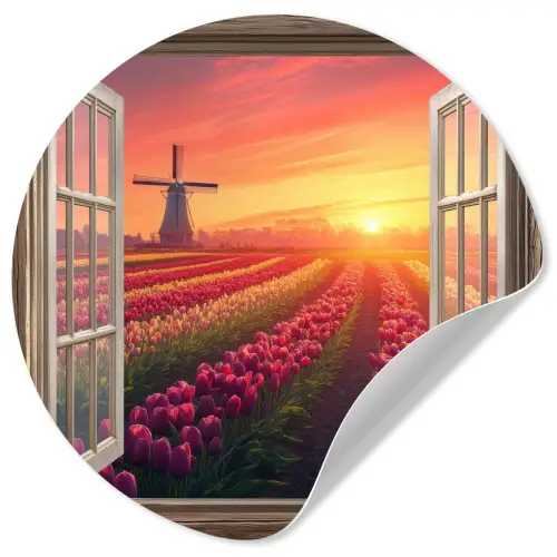 Doorkijk - Tulpen - Zonsondergang - Bloemen - Kleurrijk Wandcirkel behangsticker klein -3d