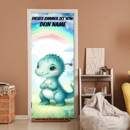 Niedlicher Dino unter Regenbogen im Aquarellstil. deurposter klein -sfeer1
