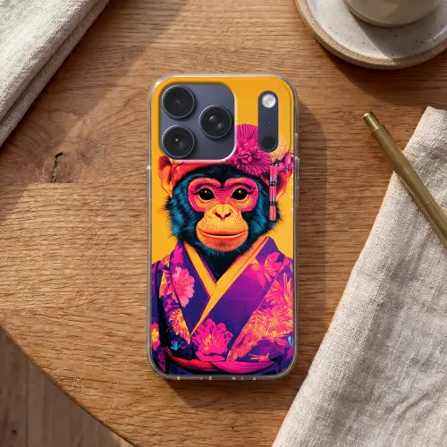 Aap - Kimono - Bloemen - Hoofdtooi Telefoonhoesje iPhone 17 Pro klein -sfeer1