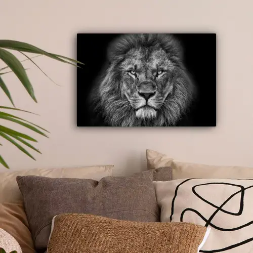 Dieren - Leeuw - Zwart - Wit - Portret canvas 2cm klein -sfeer1