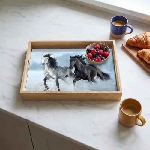 Paarden - Winter - Dieren - Natuur - Sneeuw Dienblad Rechthoek middel -sfeer2