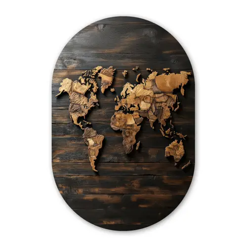 Wereldkaart -  Hout - Mozaïek Wandcirkel Ovaal Glas middel -3d