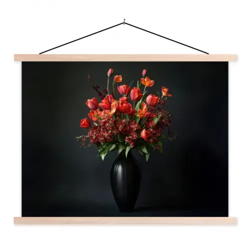 Boeket - Tulpen - Vaas - Rood textielposter latten blank klein -3d