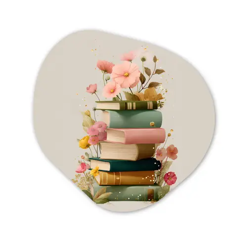 Boeken - Stapel - Bloemen - Kleurrijk Wandcirkel Organisch Aluminium middel -3d