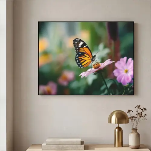 Roze bloemen - Vlinder - Zachte focus Textielframe zwart klein -sfeer2