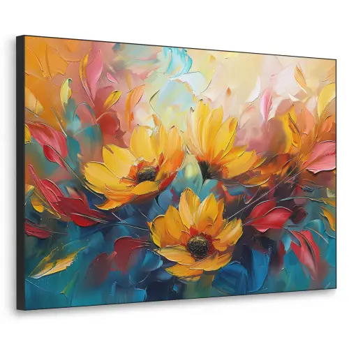 Bloemen - Zonnebloemen - Kunst - Geel Textielframe - compleet frame klein -3d