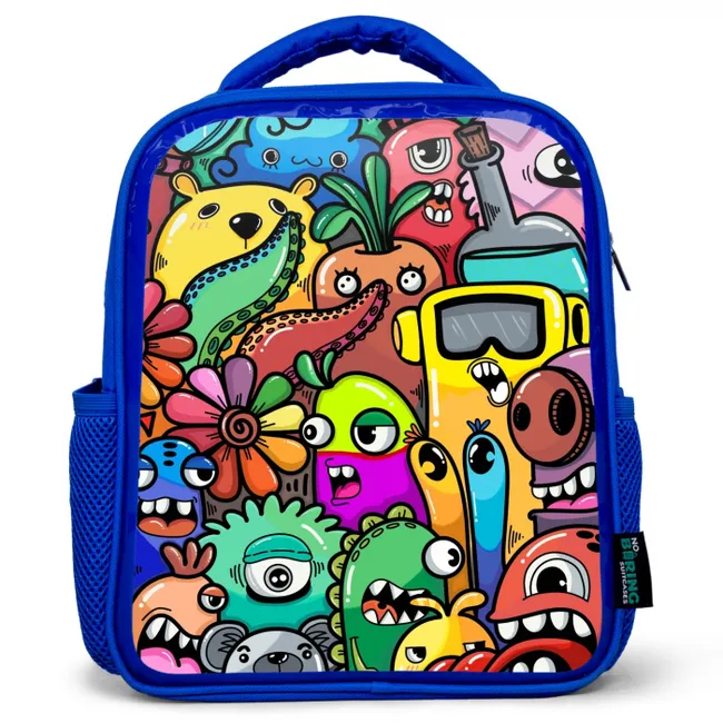 Kleurrijke Monsterparade Kinderrugzak - Blauw middel -3d