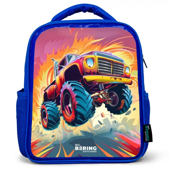 Roze Monstertruck Vliegt over het Asfalt Kinderrugzak - Blauw middel -3d
