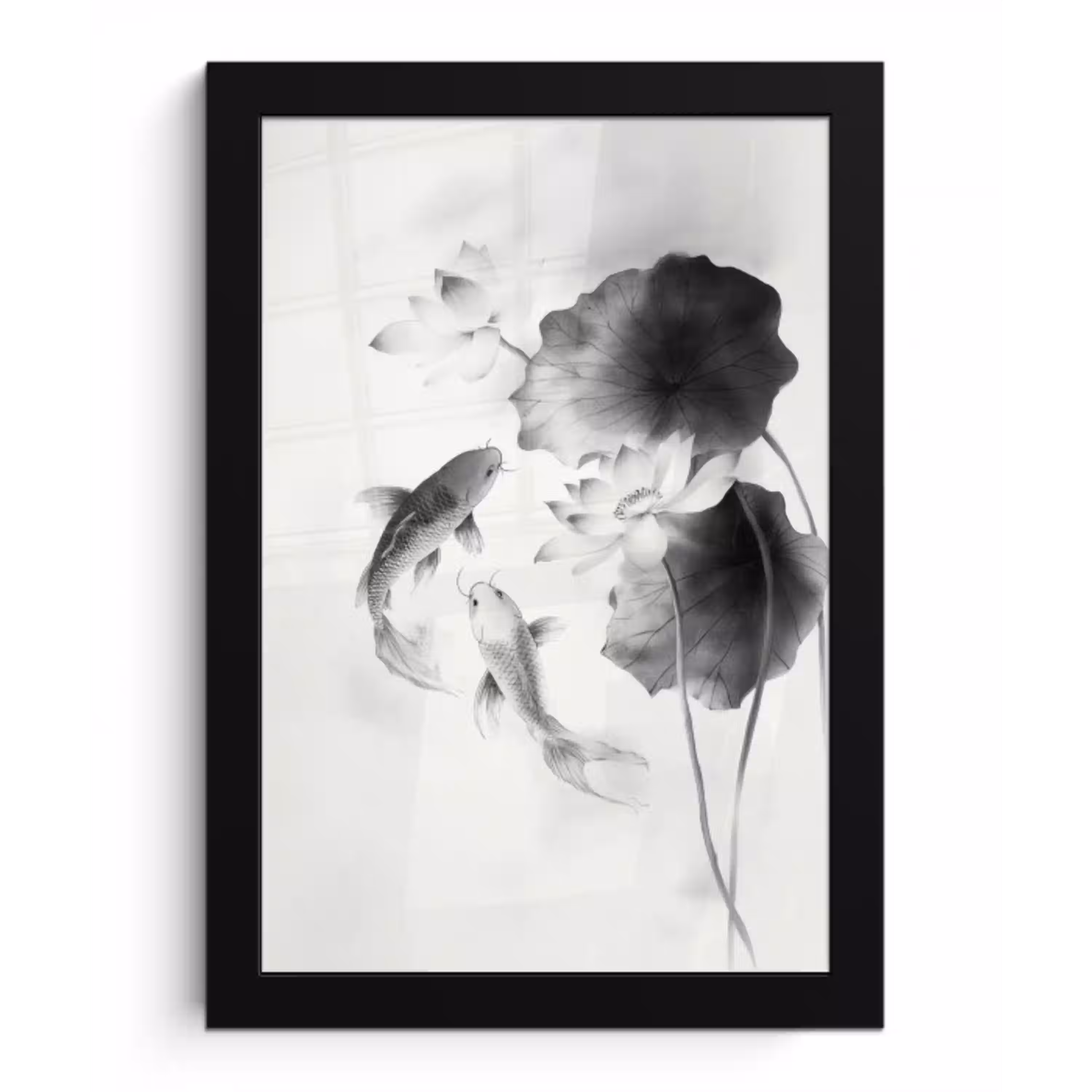 Lotusbloemen - Vissen - Bladeren - Zwart fotolijst zwart zonder passe partout klein -3d
