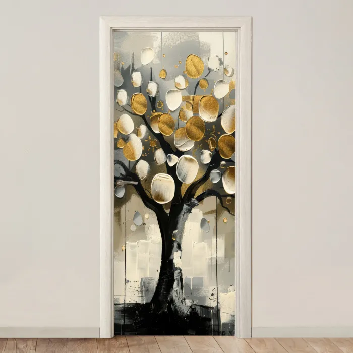 Boom - Abstract - Beige - Goud - Zwart deurposter klein -3d_beige