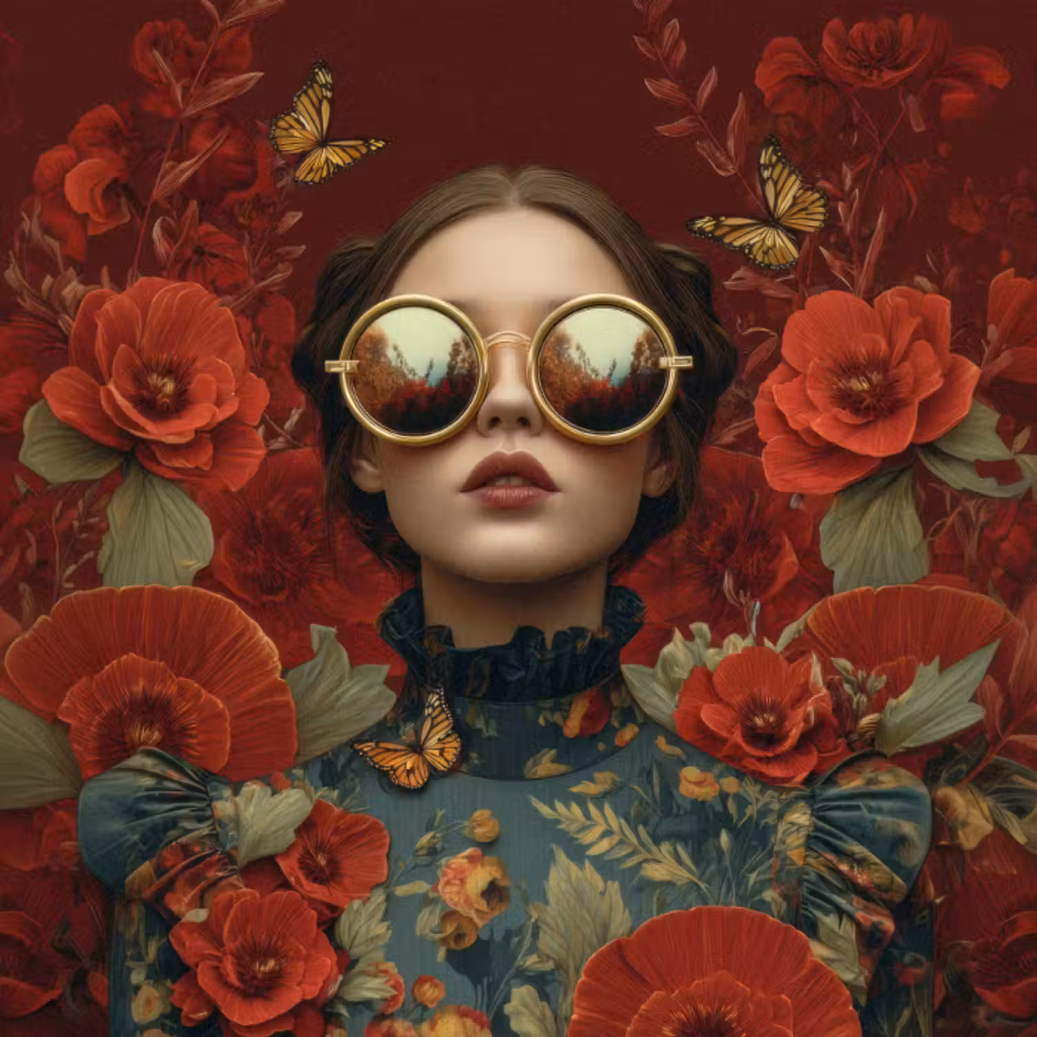 Behang - Bloemen - Dieprood - Zonnebril - Vrouw