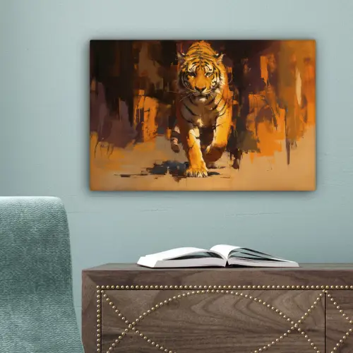 Tijger - Geschilderd - Oranje - Penseelstreken canvas 2cm klein -sfeer4
