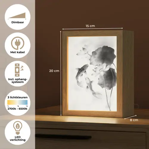 Lotusbloemen - Vissen - Bladeren - Zwart Light Box met kabel (Tafellamp) klein -USP_NL