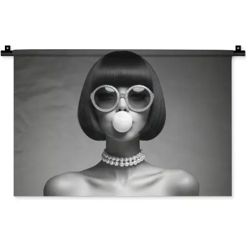 Vrouw - Zwart Wit - Ketting - Zonnebril Wandkleed katoen klein -zz3d