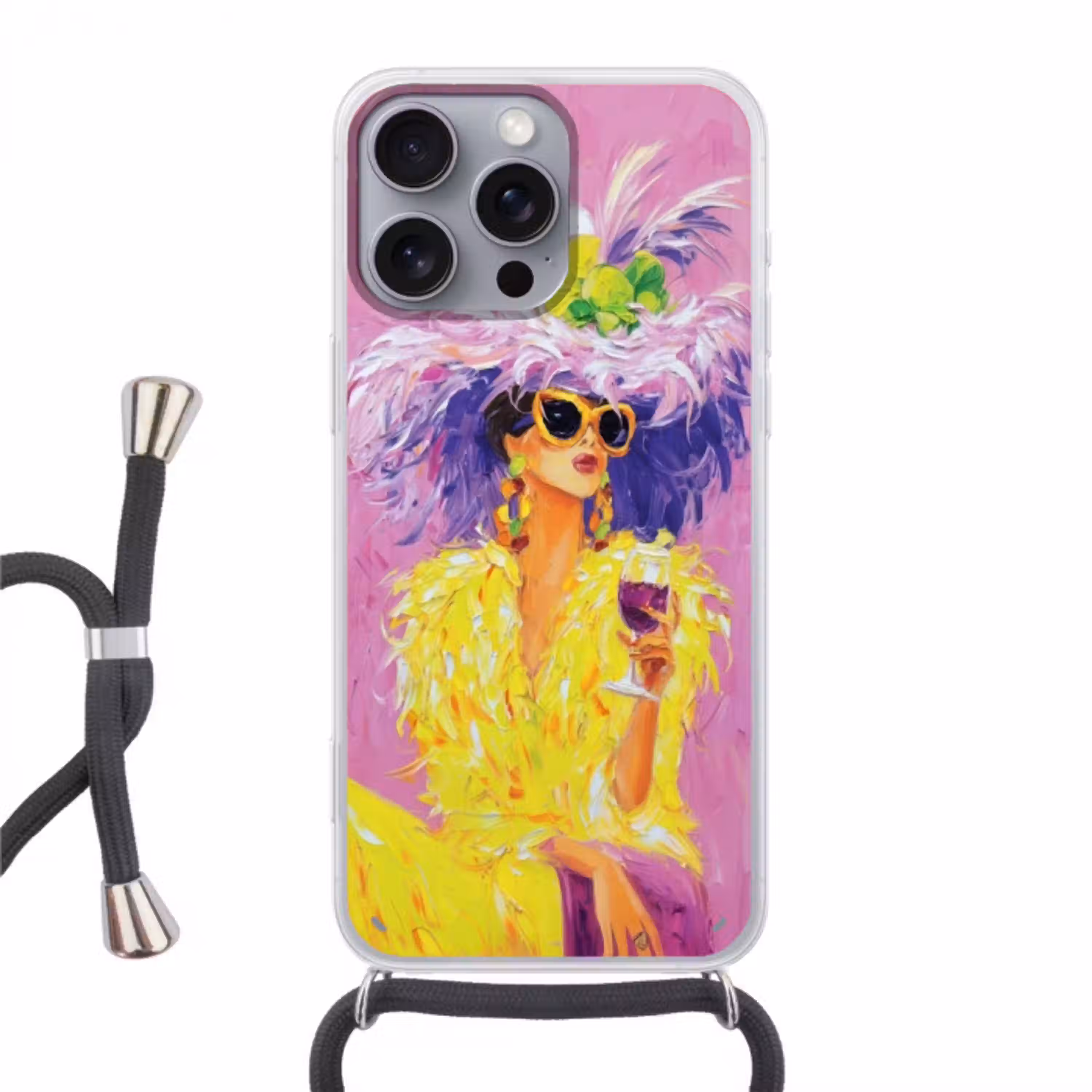 Zonnebril - Vrouw - Jas - Veren Hoesje iPhone 16 Pro Max met koord klein -3d