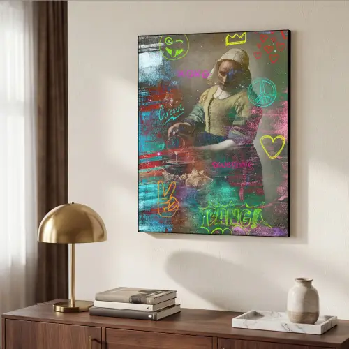 Melkmeisje - Johannes Vermeer - Graffiti Textielframe zwart klein -sfeer3