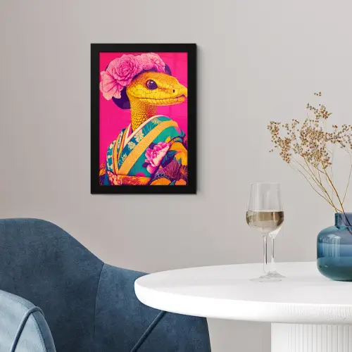 Hagedis - Bloemen - Roze - Kimono fotolijst zwart zonder passe partout klein -sfeer4